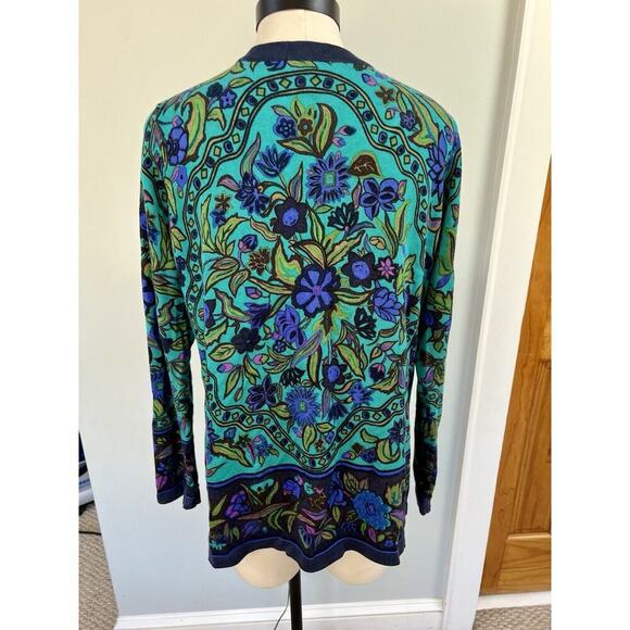 Isaac Mizrahi Sweater Button Up Longer Length Cardigan Floral Teal Blue SZ LG - Picture 3 of 6
